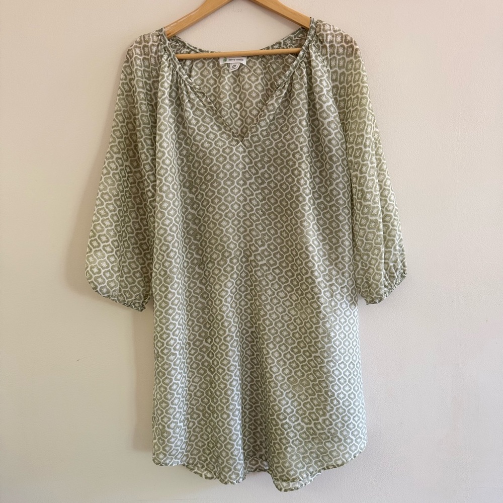 Kerry‎ Cassill Block Print Tunic Dress Green White Cotton Made in India M/L